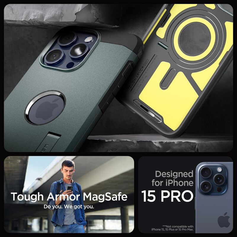 Spigen Tough Armor MagFit for iPhone 15 Pro case cover compatible with MagSafe - Abyss Green